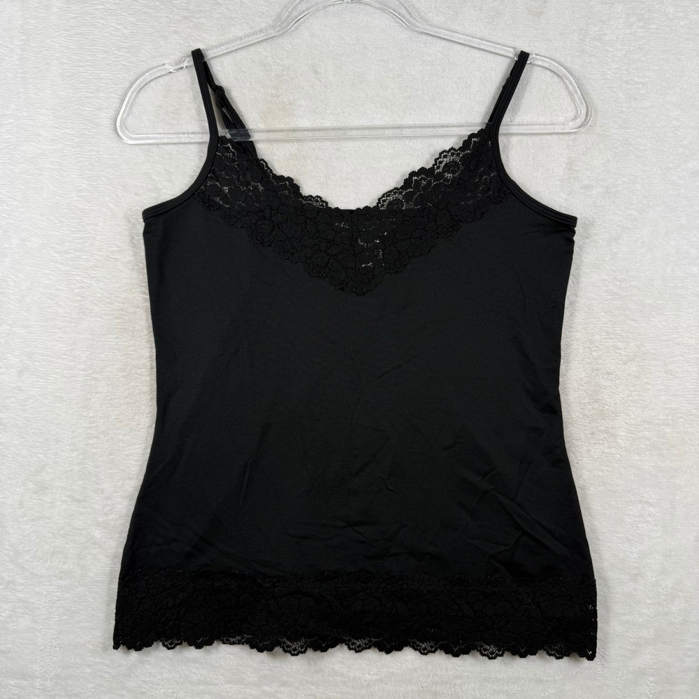 White House Black Market Black Lace Trim Camisole Top Sz M WHBM Adjustable Strap